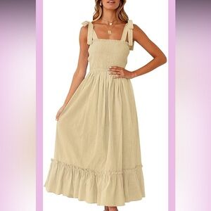 Sleeveless Tie-Shoulder Smocked Midi Dress - Cream NWT